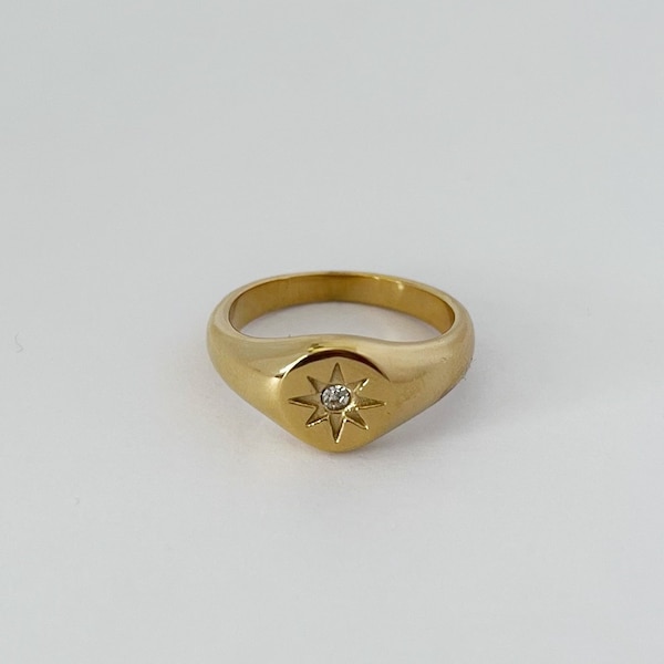 Siegelring 18k Vergoldet, Runder Siegelring, Nordstern Ring, Kreis Goldring, Starburst Ring | Überraschungen