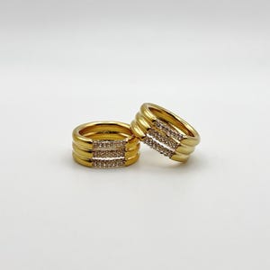 18k Gold Plated Tripple Banded Ring, Paved Band Ring, Ribbed Ring, Gold Band Ring, Statement Ring | Suradesires