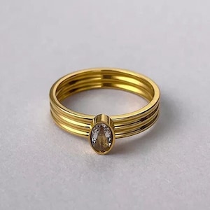 18k Gold Plated Signet Ring, Stone Signet Ring, Triple Bar Ring, Ribbed Ring, Gold Solitaire Crystal Ring, Statement Ring | Suradesires
