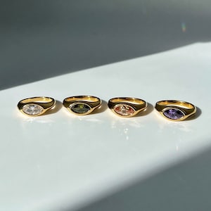18k Gold Plated Signet Ring, Marquise Signet Ring, Purple, Green, Signet Ring, Gold Solitaire Crystal Ring, Statement Ring | Suradesires