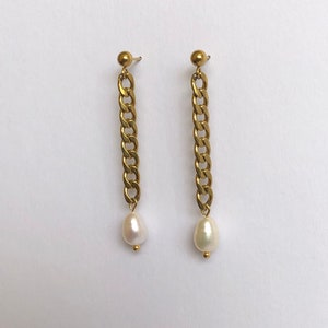 Pearl Earrings, Pearl Drop Earrings, Chain Drop Earrings, 18k Gold plated Earrings | Suradesires