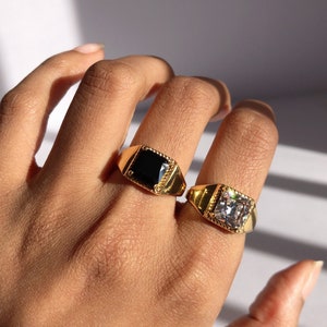 18k Gold Plated Onyx Ring, Princess Cut Ring, Statement Ring, Black Crystal Ring, Gold Ring, French Ring | Suradesires