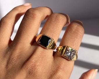 Bague Onyx plaquée or 18 carats, bague taille princesse, bague déclaration, bague cristal noir, bague en or, bague Français | Suradesires