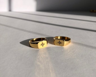 18k Gold Plated Signet Ring, Signet Ring, North Star Ring, Gold Ring, Starburst Ring | Suradesires