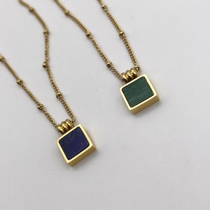 Lapis Lazuli Tag Pendant Necklace, Lapis Lazuli Stone Necklace, Pendant Necklace, 18k Gold Beaded Chain | Suradesires