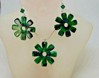 Tortoiseshell Flower Earring and Necklace Set with Swarovski Crystal on Sterling Silver. Handmade in UK