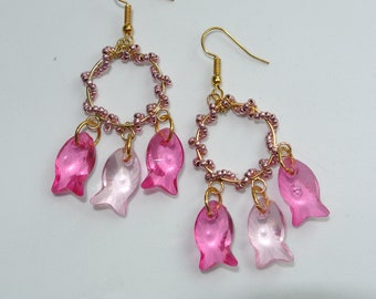 Fun Fish Hoop Earrings in Pink. Handmade in UK