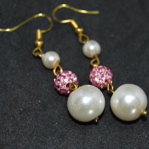 Pearl & Pink Shamballa Jointed Earrings on Gold. Handmade in UK