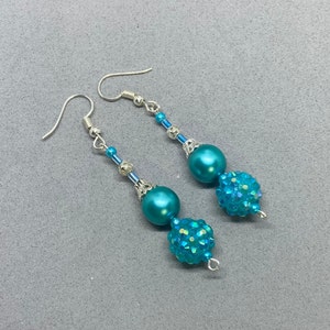 Shamballa & Pearl Earrings in Turquoise on Silver. Handmade in UK
