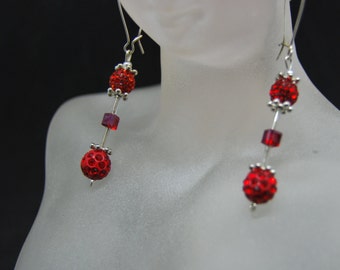 Shamball and Swarovski Crystal Earrings in Red. Handmade in the UK