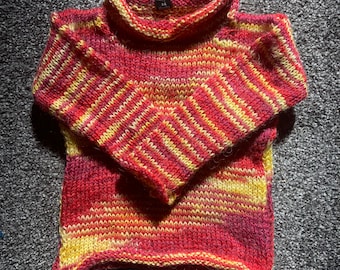 Baby's Handknitted 100% Wool Jumper in Yellows and Reds. Age 3-6 Months. Handknit in the UK