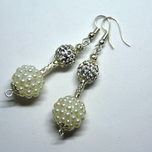 Pearl and Diamante Shamballa Dangle Earrings in Silver. Handmade in UK.