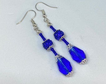 Bright Blue Crystal, Shamballa & Filigree Earrings o Silver. Handmade in the UK