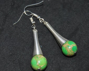 Genuine Green Impression Jasper and Silver Funnel Earrings. Handmade in UK