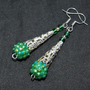 Green Shamballa and Silver Filigree Earrings with green Beads. Handmade in UK