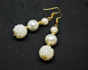 Pearl Dangle Drop Earrings on Gold wires. Handmade in UK