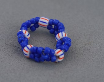 Beaded ring in Red White and Blue. Handmade in the UK.