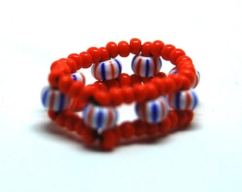 Handmade Orange Beaded Ring with Striped Beads, Size I (UK)