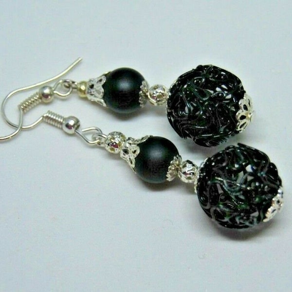 Black Pearl and Black Scribble Earrings on Silver Handmade in the UK