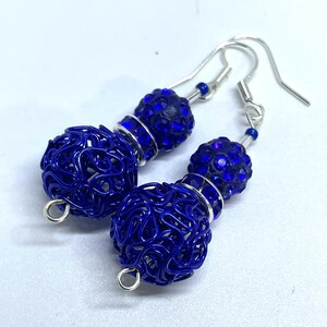 Blue Scribble Earrings with Shamballa Crystal. Handmade in UK.