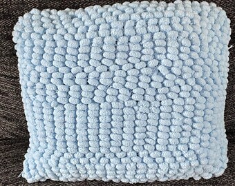 Hand Knit Pom Pom Cushion, Baby Blue Velour Pillow, 18" Square