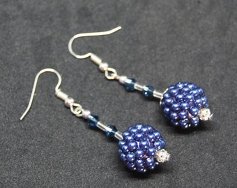 Blue Pearl and Swarovski Crystal Earrings on Silver. Handmade in UK