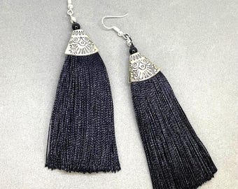 Long large Tassel  Tassle Earrings in Black on Silver. Handmade in UK