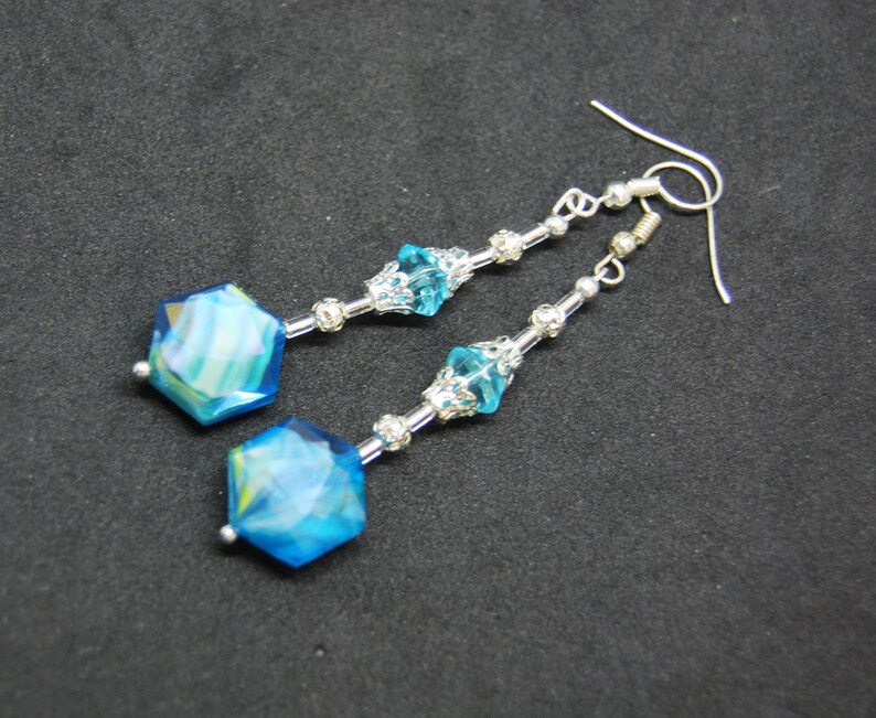 Long Bead Earrings with Swarovski Crystals & Silver Filligree. Handmade in UK image 1