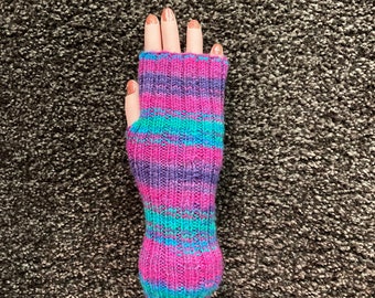 Handknit Striped Wool Wrist Warmers: Pink & Green Thumb Hole Gloves