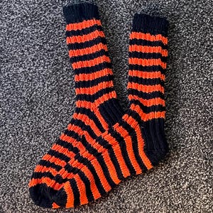 Hand Knitted Striped Socks in Orange and Black. Size 9. Knit in the UK