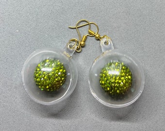Bauble Earrings with Green Diamanté Crystal Ball Inside. Made in UK