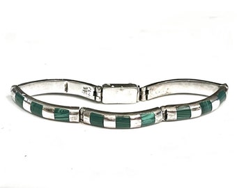 Pulsera de eslabones curvos de malaquita de plata esterlina vintage de Taxco firmada