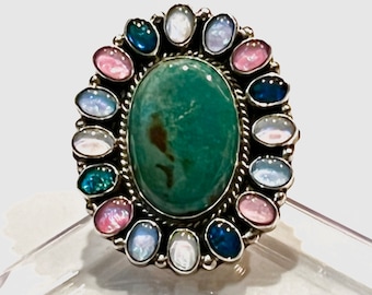 Navajo firmado-Geraldine James, anillo grande de plata esterlina vintage Cerrillos con ópalo teñido turquesa