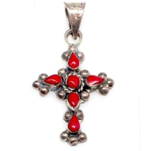 Signed, Taxco Vintage Sterling Silver Red Coral Crucifix / Cross Pendant