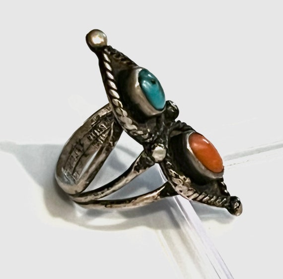 Old Pawn Navajo 1940s Turquoise Coral Sterling Si… - image 3