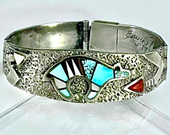 Native American Heavy 100+ Gram Vintage Navajo Turquoise Coral Inlay Sterling Silver Bracelet Native American Heavy 100+ Gram Vintage Navajo Turquoise Coral Inlay Sterling Silver Bracelet