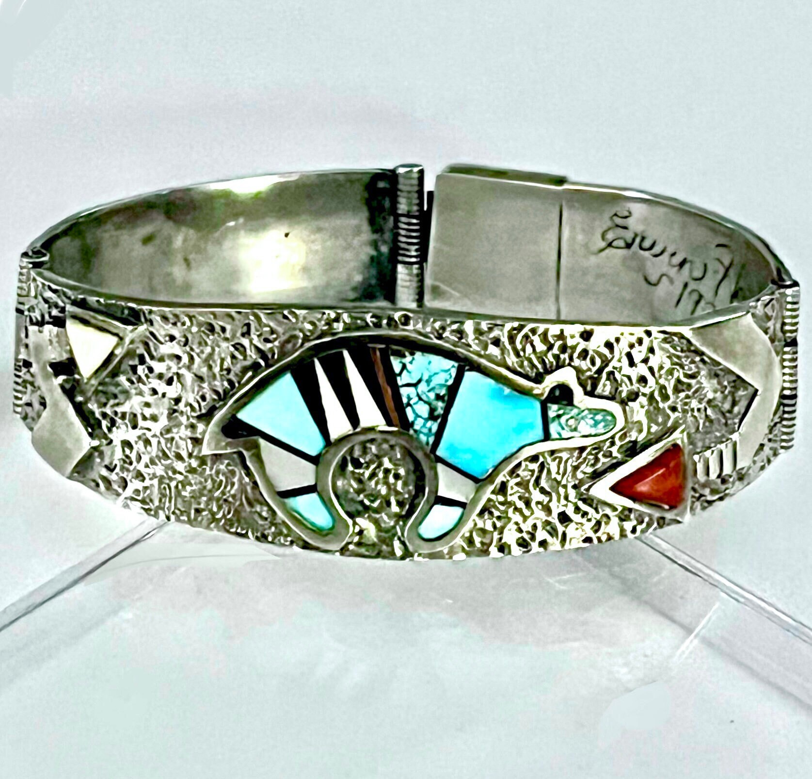 Native American Heavy 100+ Gram Vintage Navajo Turquoise Coral Inlay Sterling Silver Bracelet Native American Heavy 100+ Gram Vintage Navajo Turquoise Coral Inlay Sterling Silver Bracelet