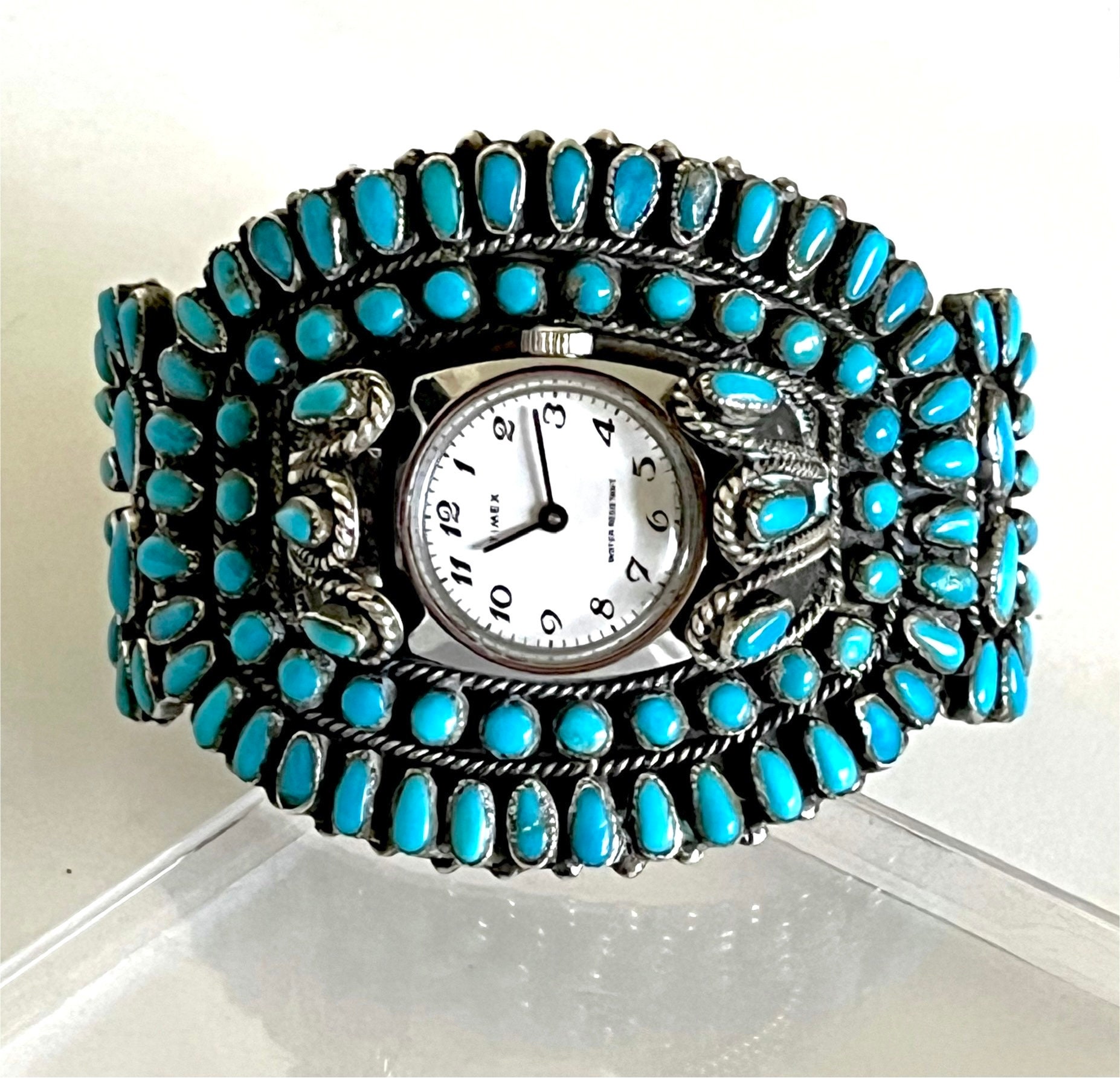 Signed,Navajo Old Pawn Vntg Sleeping Beauty Turquoise Sterling Watch Cuff Handcrafted Old Pawn Sterling Silver and Natural Sleeping  main image 2