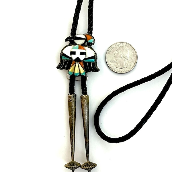 Old Pawn 1950s Zuni Sterling Slvr Turquoise Coral MoP Onyx Thunderbird Bolo Tie