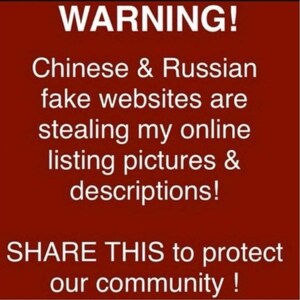Puede incluir: Fondo rojo con texto blanco. El texto advierte sobre sitios web falsos chinos y rusos que roban fotos y descripciones de listados en l&iacute;nea. Anima a compartir para proteger a la comunidad.