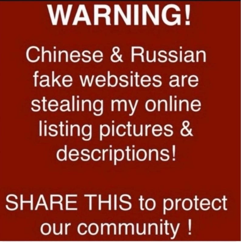 Puede incluir: Fondo rojo con texto blanco. El texto advierte sobre sitios web falsos chinos y rusos que roban fotos y descripciones de listados en l&iacute;nea. Anima a compartir para proteger a la comunidad.
