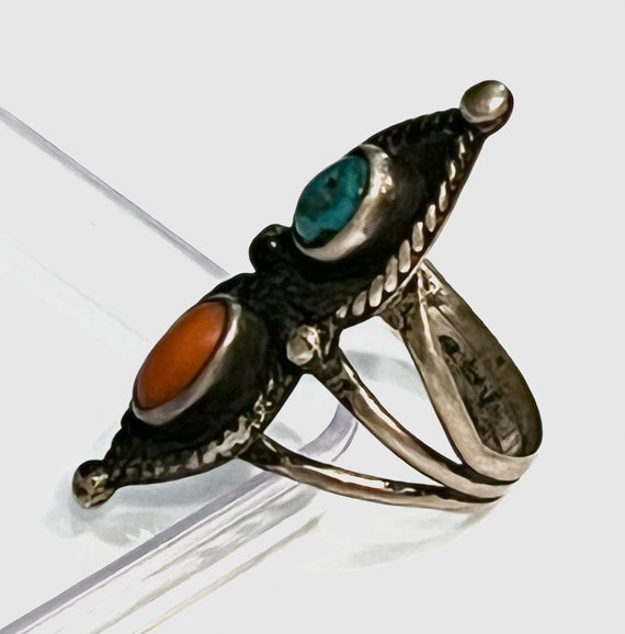 Old Pawn Navajo 1940s Turquoise Coral Sterling Si… - image 2