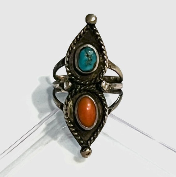 Old Pawn Navajo 1940s Turquoise Coral Sterling Si… - image 1