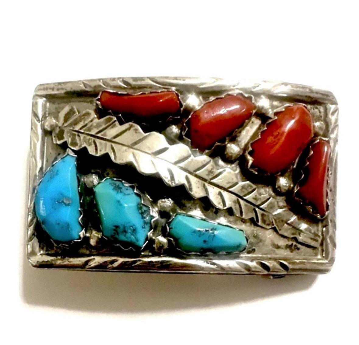 Signed - Angelita Cheama Zuni Vintage Turquoise Coral Sterling Belt Buckle Angelita Cheama Vintage Native American Zuni Morenci  main image 2