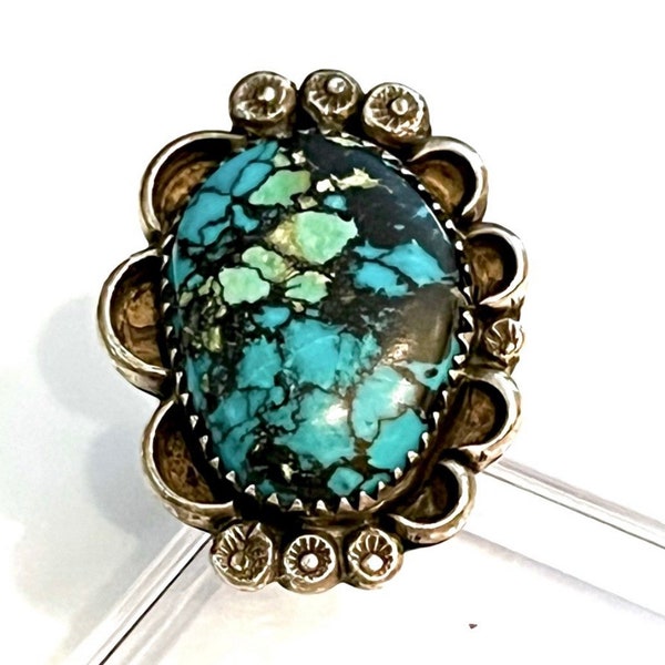 Navajo Signed-Roy Buck, Vintage Candelaria Hills Turquoise Sterling Silver Turquoise Ring with highly desirable spiderweb matrix