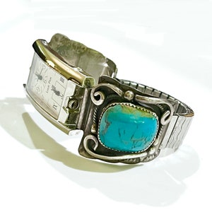 Signed, Stunning Old Pawn Vintage Navajo Lone Mountain Turquoise Sterling Silver Mens Watch Tips