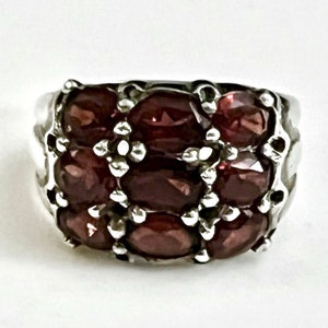 Garnet, Vintage Sterling Silver 9 Garnet Stone Ring