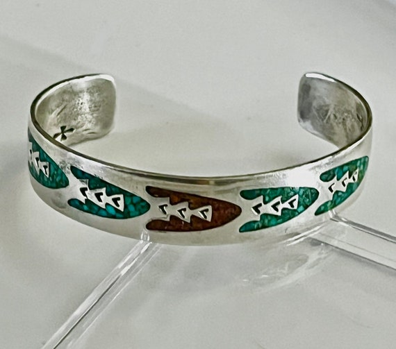 Rare Brick Inlay!! Vintage Native American Navajo Turquoise Coral Sterling Silver Bracelet Cuff Rare Brick Inlay!! Vintage Native American Navajo Turquoise Coral Sterling Silver Bracelet Cuff