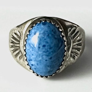 Signed - Calvin Spencer, Vintage Navajo Denim Lapis Sterling Silver Stamped ring