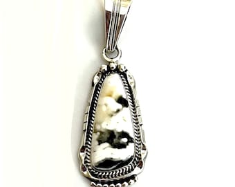 Signed-Sally Yazzie Navajo Vintage White Buffalo Turquoise Sterling Silver Pendant